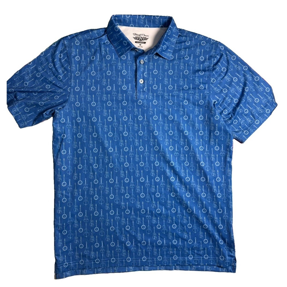 Straight Down Performance Golf Polo Guitars AOP Print Blue Mens Medium NWOT